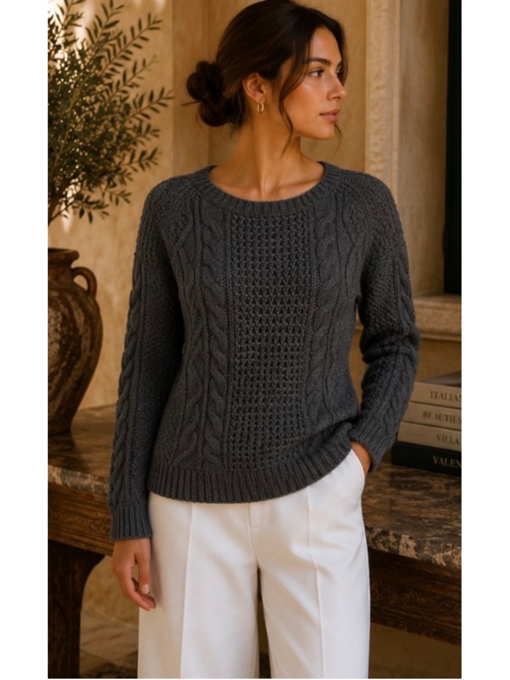 Women's Lauren Ralph Lauren Cable Knit Sweater, Size L, Grey Classic Chic